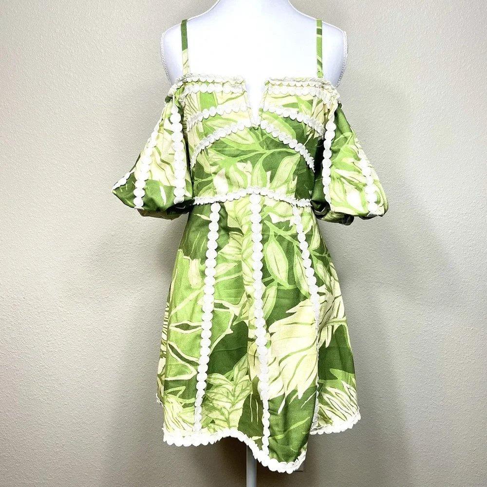 Rachel Roy Circle Trim‎ Puff Sleeve Off Shoulder MiniDress Size 4 Boho Tropicart